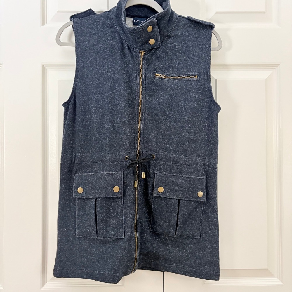 525 America Blue Denim Utility Full Zip Drawstring Waist Vest Womens XS